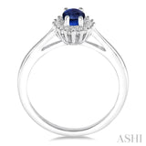 6X4 MM Oval Cut Sapphire Center and 1/8 ctw Round Cut Diamond Halo Precious Stone Ring in 10K White Gold
