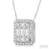 3/4 ctw Octagonal Baguette & Round Cut Diamond Pendant With Box Chain in 14K White Gold
