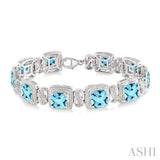7x7 MM Cushion Shape Blue Topaz and 1/10 ctw Single Cut Diamond Square Shape Bracelet in Sterling Silver