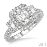 7/8 Ctw Octagonal & Rectangular Mount Baguette and Round Cut Diamond Engagement Ring in 14K White Gold