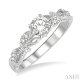 1/3 Ctw Leaf Criss Cross Shank Round Cut Diamond Engagement Ring with 1/4 Ct Round Cut Center Stone in 14K White Gold