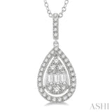 1/3 ctw Pear Shape Halo Baguette and Round Cut Diamond Fusion Pendant With Chain in 14K White Gold
