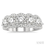 2 Ctw Scalloped Edge Circular Mount 5-Stone Baguette and Round Cut Diamond Fashion Ring in 14K White Gold