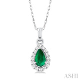 1/20 ctw Round Cut Diamond and 5X3MM Pear Shape Emerald Halo Precious Pendant with Chain in 14K White Gold