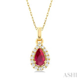 1/20 ctw Round Cut Diamond and 5X3MM Pear Shape Ruby Halo Precious Pendant with Chain in 14K Yellow Gold