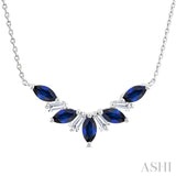 5x2.5 MM Marquise Cut Sapphire and 1/6 Ctw Baguette Cut Diamond Precious Gemstone Necklace in 14K White Gold