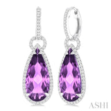 18X8 MM Pear Cut Amethyst and 5/8 ctw Round Cut Diamond Halo Semi Precious Earrings in 14K White Gold