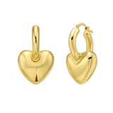 14K Yellow Gold Polished Puffy Heart Dangle Huggie Hoops with Hinged Clasp