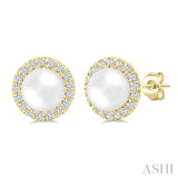4.5 MM White Cultured Pearl and 1/8 Ctw Round Cut Diamond Halo Stud Earrings in 10K Yellow Gold
