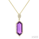 26X10 MM Evoque Gemstones Hexagon Shape Amethyst and 1/2 Ctw Round Cut Diamond Halo Semi-Precious Pendant With Chain in 14K Yellow Gold