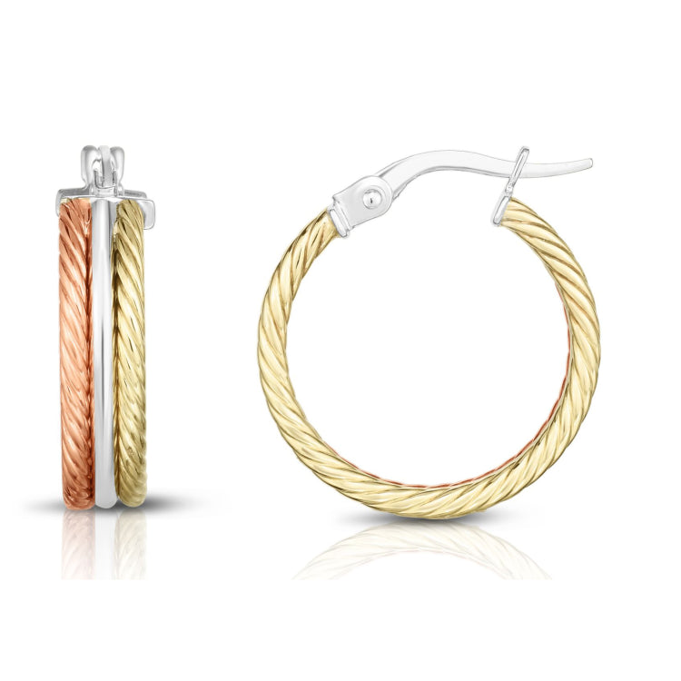 14K Tri-Color Gold Polished & Rope Hoop Earring