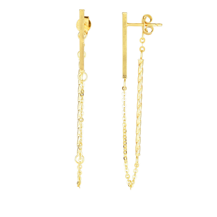 14K Gold Front To Back Chain & Bar Drop Earring