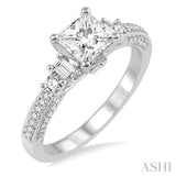 7/8 Ctw Diamond Engagement Ring with 1/2 Ct Princess Cut Center Stone in 14K White Gold
