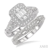 3/4 ctw Lattice Diamond Wedding Set With 3/4 ctw Baguette & Round Cut Diamond Engagement Ring and 1/10 ctw Wedding Band in 14K White Gold